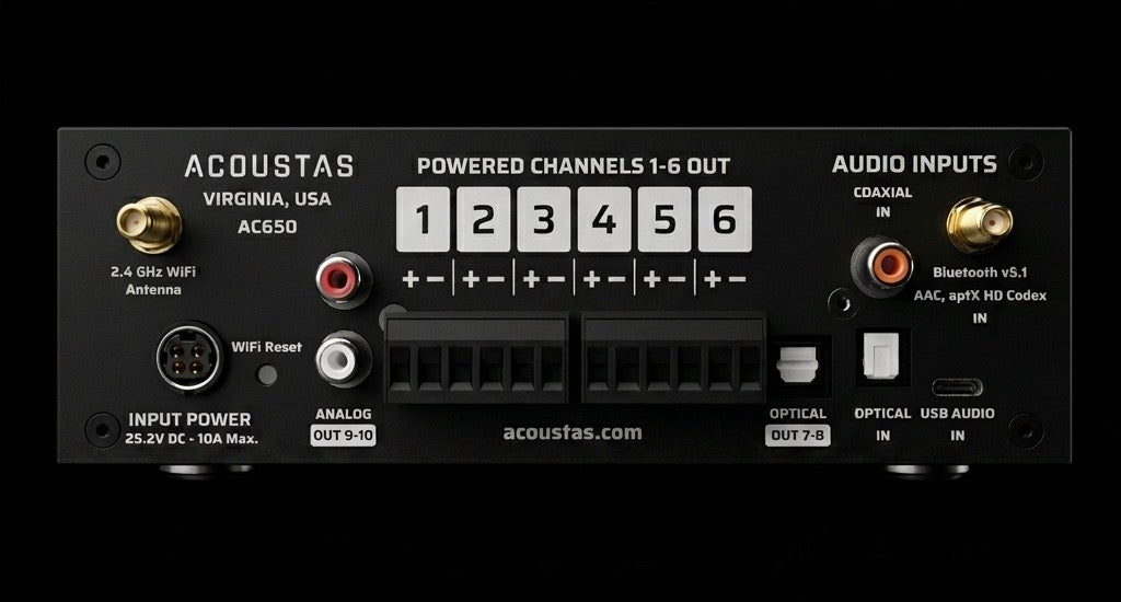 AC650 back panel: powered channels, line outputs, and audio inputs